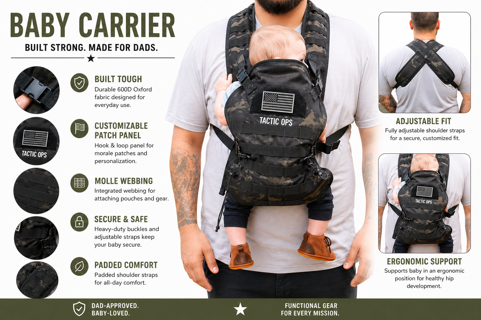 Tactic Ops Military Baby Toddler Carrier Sling - Black Camo