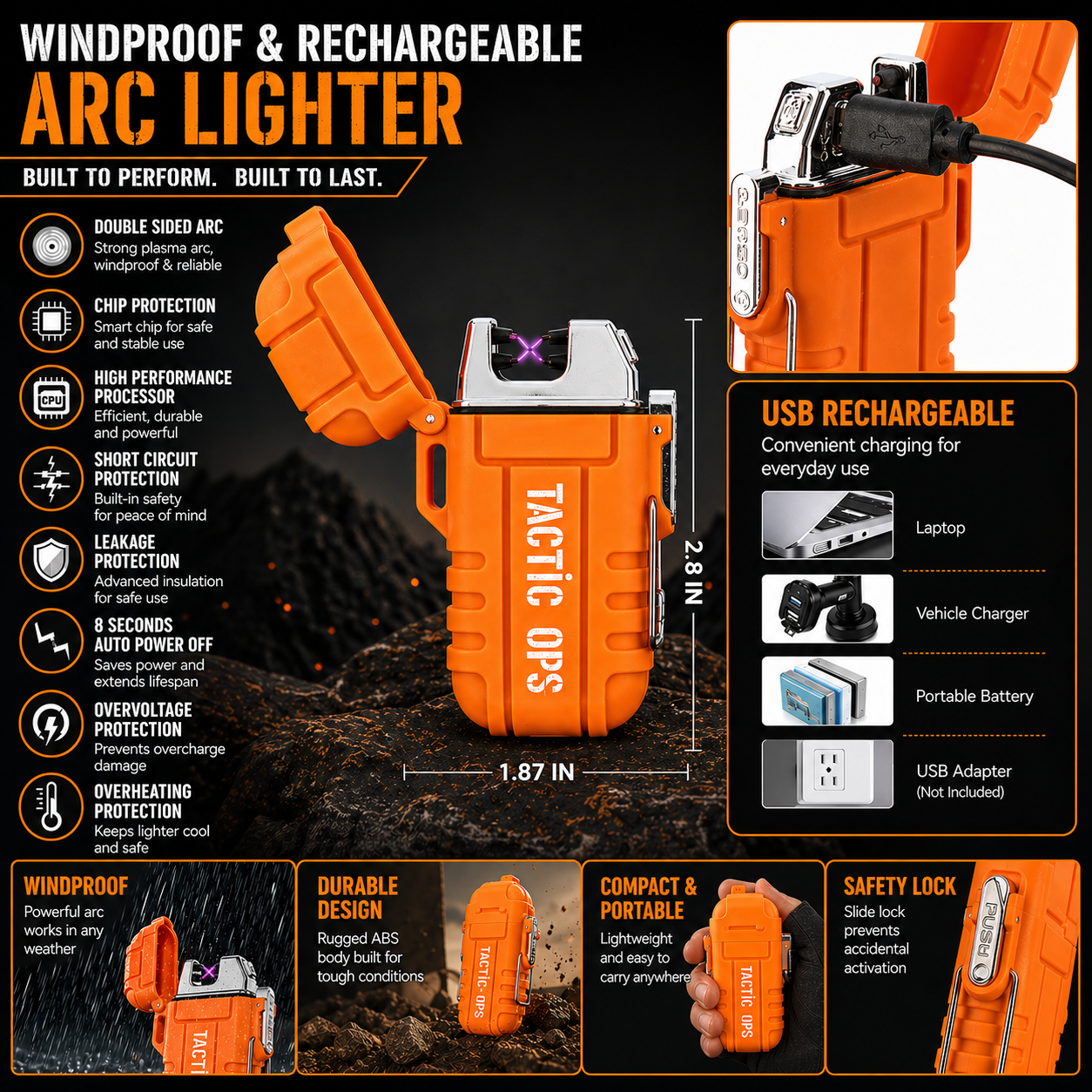 Rechargeable windproof & waterproof lighter (ORANGE)