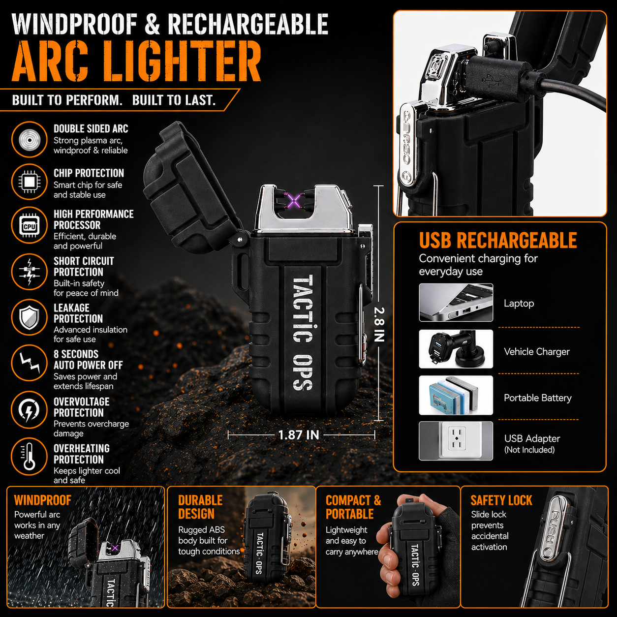 Rechargeable windproof & waterproof lighter (BLACK)