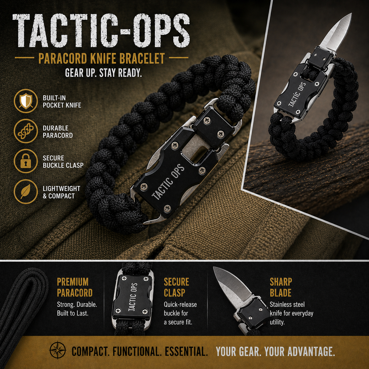 Tactical Paracord Stainless Steel Knife Bracelet (Black)