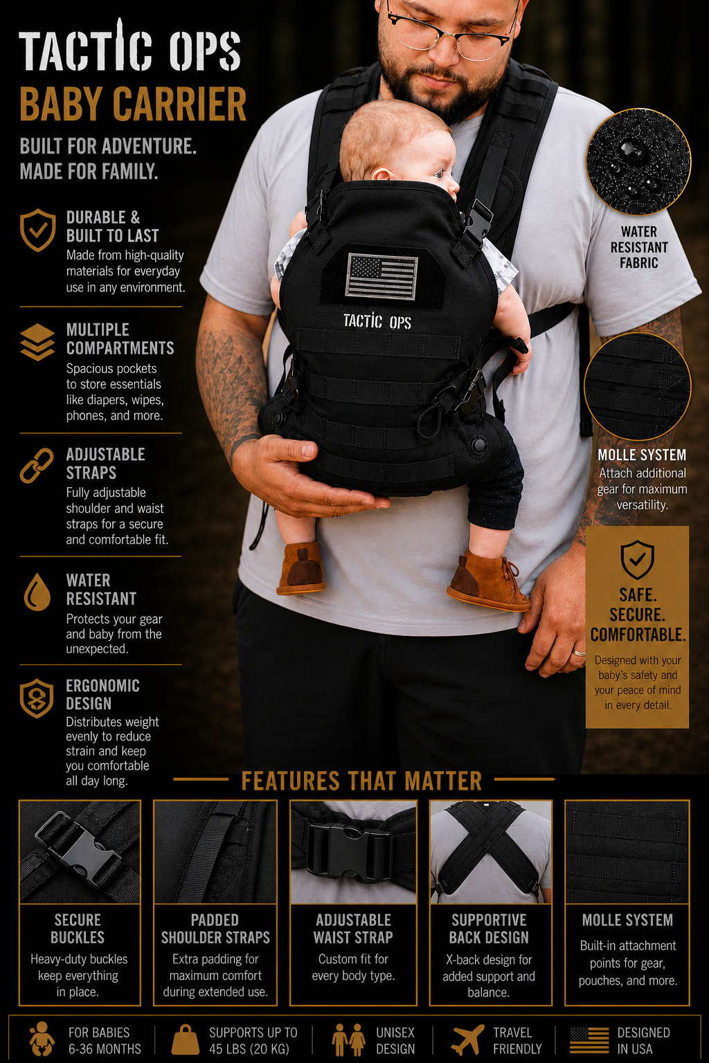 Tactic Ops Military Baby Toddler Carrier Sling - Black