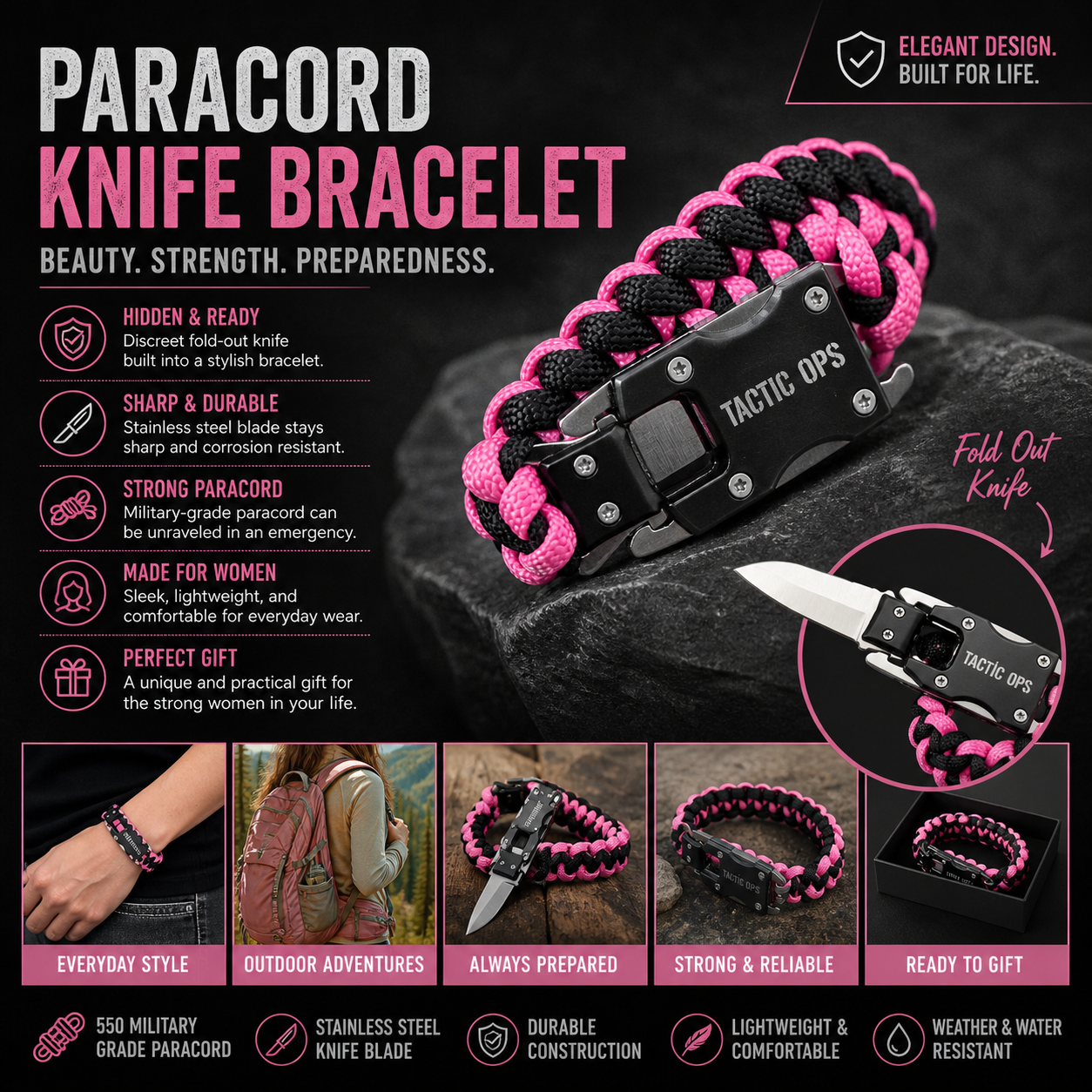 Tactical Paracord Stainless Steel Knife Bracelet (Pink/Black)