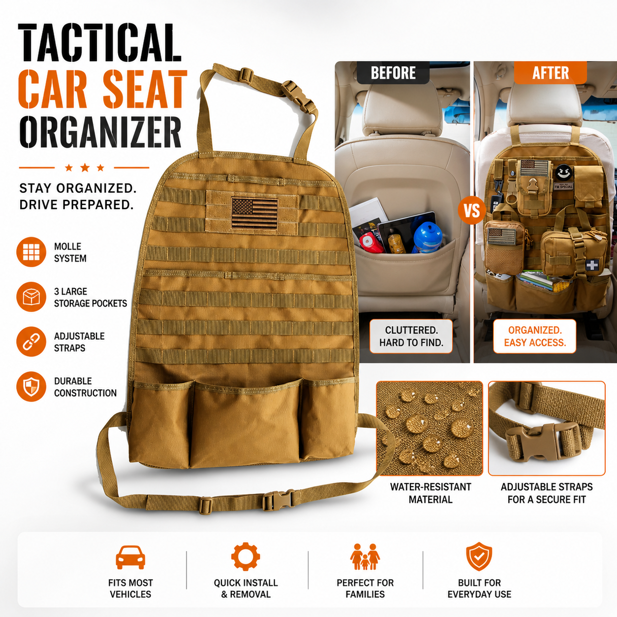 Tactical Car Seat Organizer – Heavy Duty Backseat Storage (Tan)