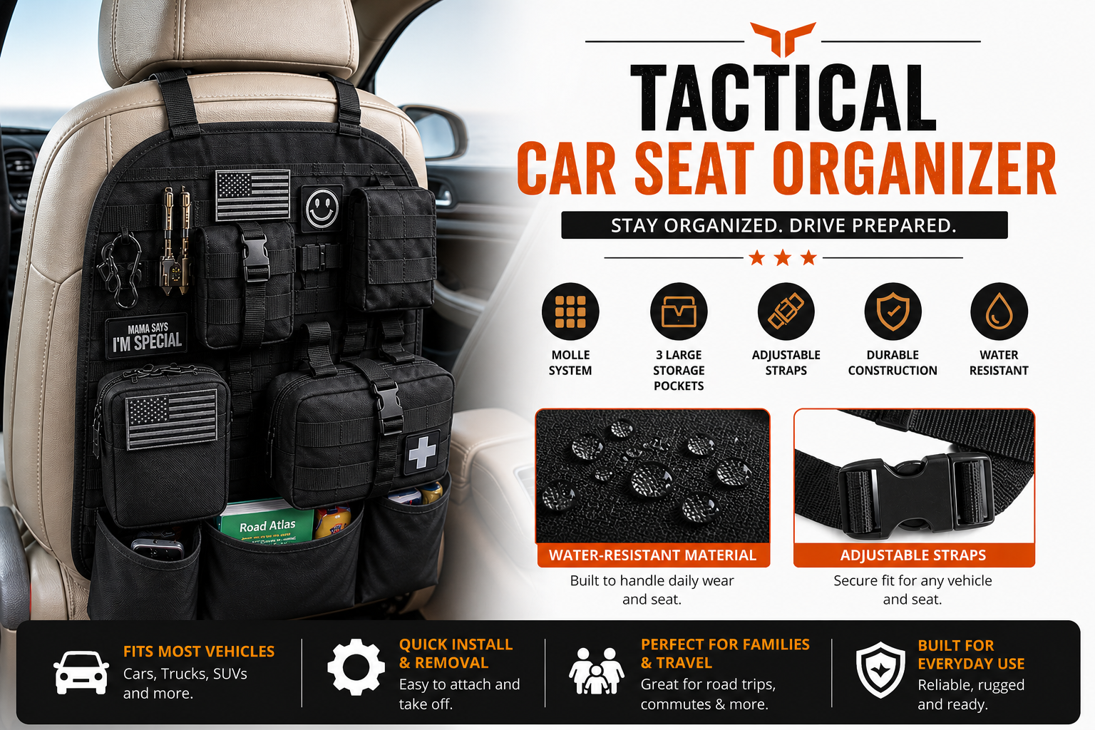 Tactical Car Seat Organizer – Heavy Duty Backseat Storage (Black)