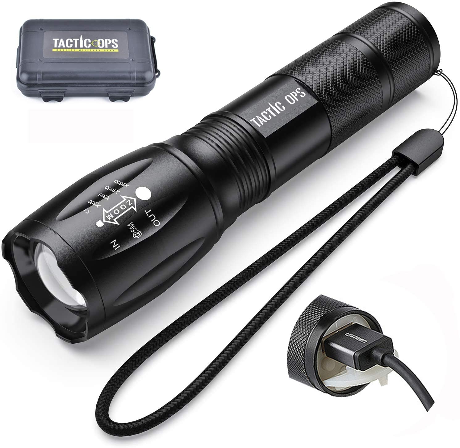 Rechargeable 1200 Lumen LED Flashlight w/ Carrying Case and USB Cable
